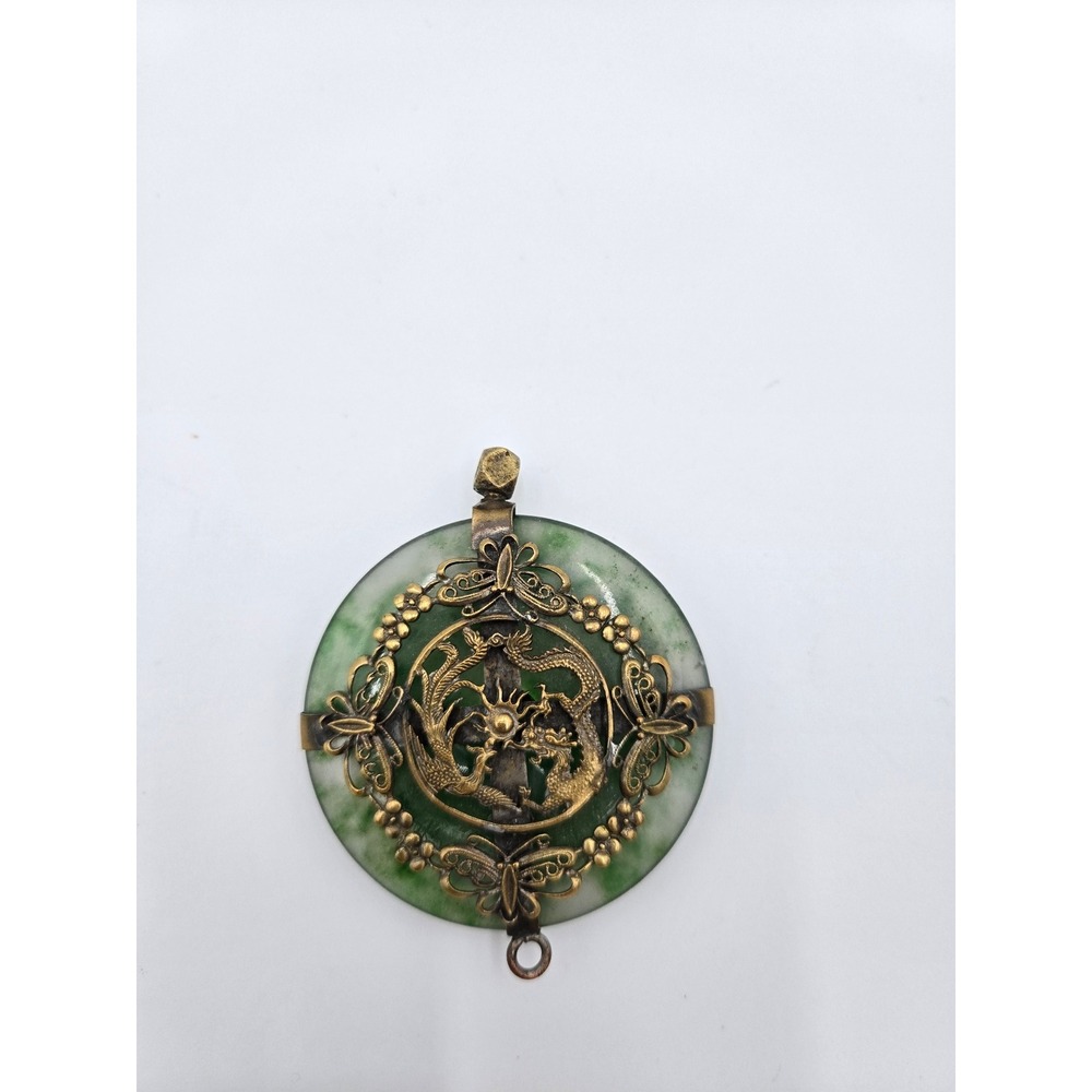 Vintage Chinese Jade Bi Disc Pendant Brass‎ Dragon Phoenix Filigree Butterfly